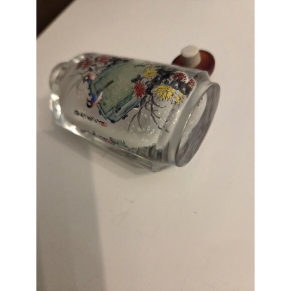 Vtg Chinese Reverse Painted Snuff Bottle Stopper Birds Flowers Cherry Blossoms - Picture 11 of 15